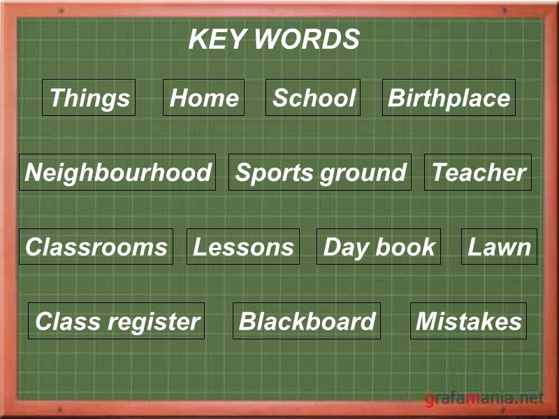 KEY WORDS Things Home School Birthplace Neighbourhood Sports ground Teacher Classrooms Lessons Day book